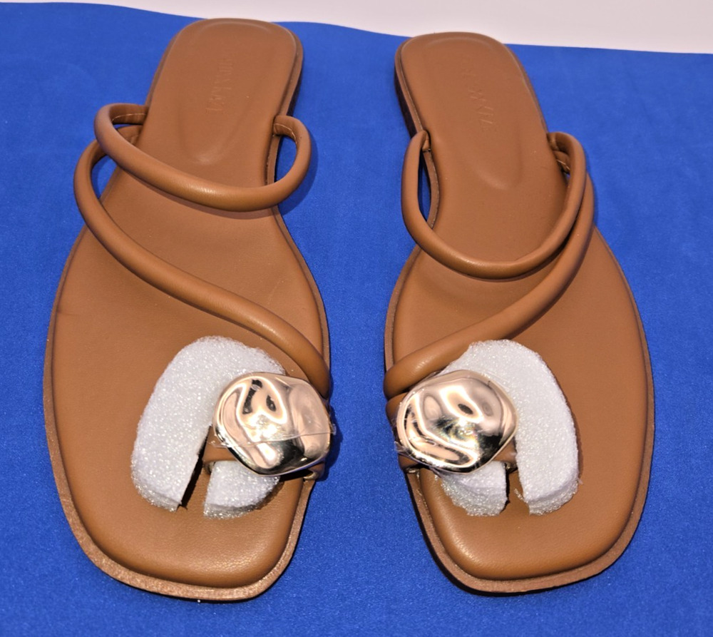 Womens Brown Slide Sandals Size 7 Gold Accent Flat Slip On NEW No Box